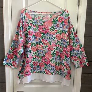 Talbots Pink, Blue, Green Floral 3/4 Sleeve Relaxed Fit Knit Pullover Top 3X EUC